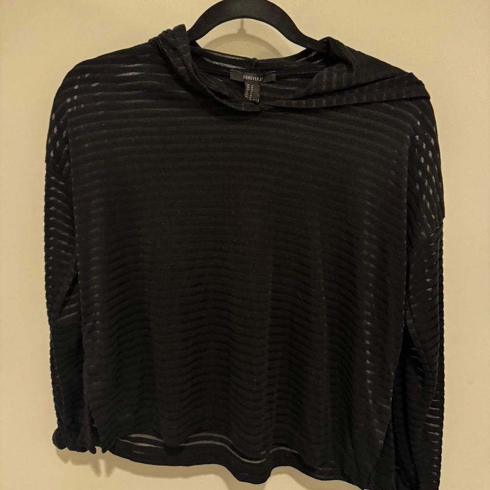 Forever 21 Black Stripe Hooded Pullover – Women’s Medium, Side Slit